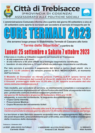 PREVENZIONE, COMUNE ORGANIZZA CURE TERMALI 2023
DOMANDE ENTRO MERCOLEDÌ 20 - SERVIZIO PARTE  LUNEDI 25.