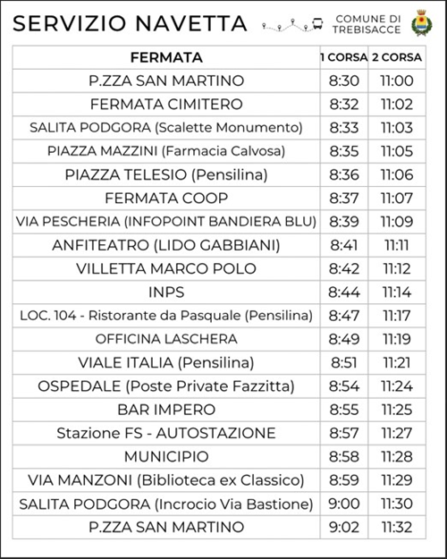 Nuovo Aggiornamento Orari e percorso Aggiornati Servizio Navetta Cittadino